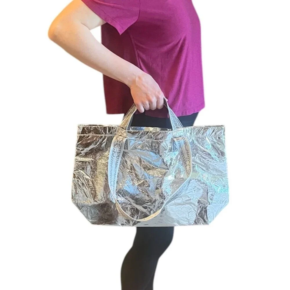 Tory Burch Metallic Silver Sublime Tote Bag with Patterned Straps